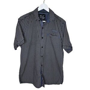 Drill Men's Short Sleeve Gray & Black Check Button-Up Shirt, Casual Wear, Large